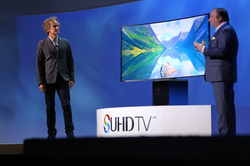 The well-known designer Yves Behar appeared onstage here to talk about his design of the new SUHD TVs.