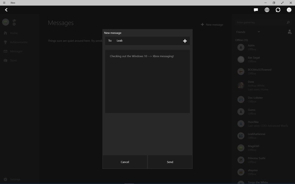 Windows 10 Xbox App messaging
