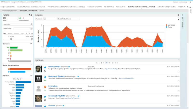 Hybris screen showing customer sentiment across channels