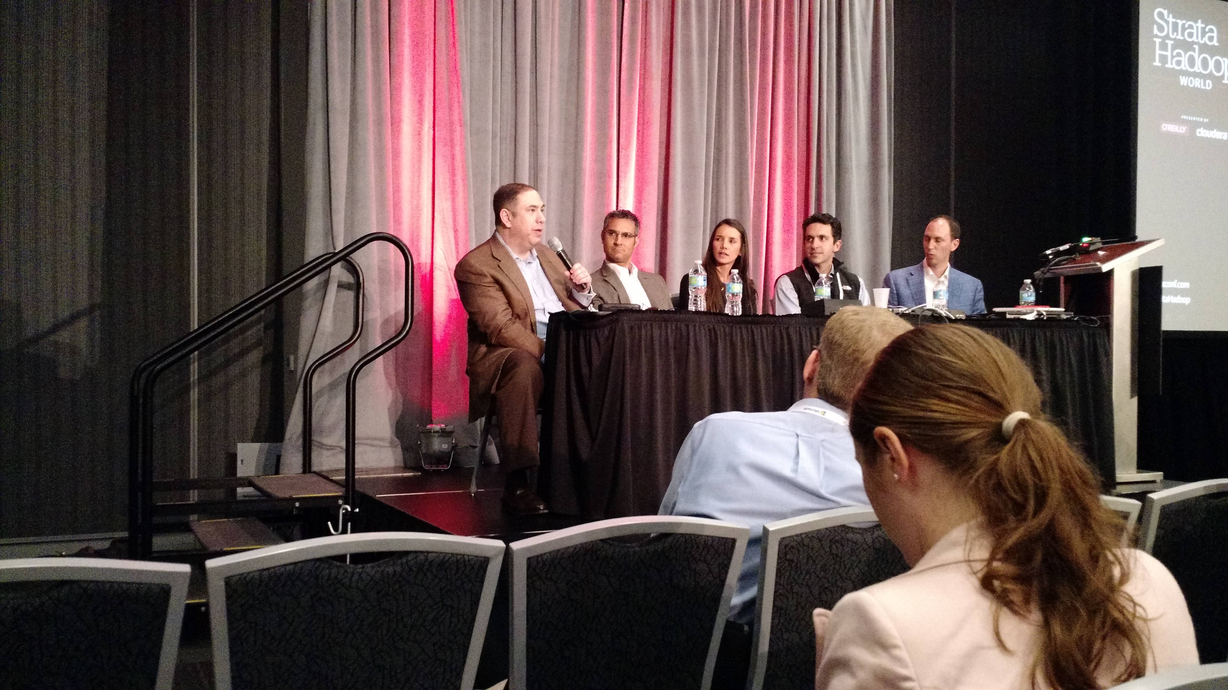 From left, Matt Ocko of Data Collective, Arif Janmohamed of Lightspeed Venture Partners, Cack Wilhelm of Scale Venture Partners, Max Gazor of CRV, Mike Dauber of Amplify Partners at Strata + Hadoop World in San Jose, Calif., on Feb. 20.