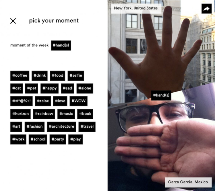 Two screens in Tworlds -- picking a Moment, seeing the combined images