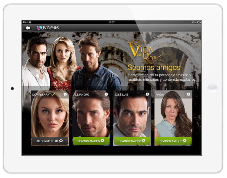 Applicaster's CrossMates service enables viewers to choose a friend from the characters on this Univision telenovela..