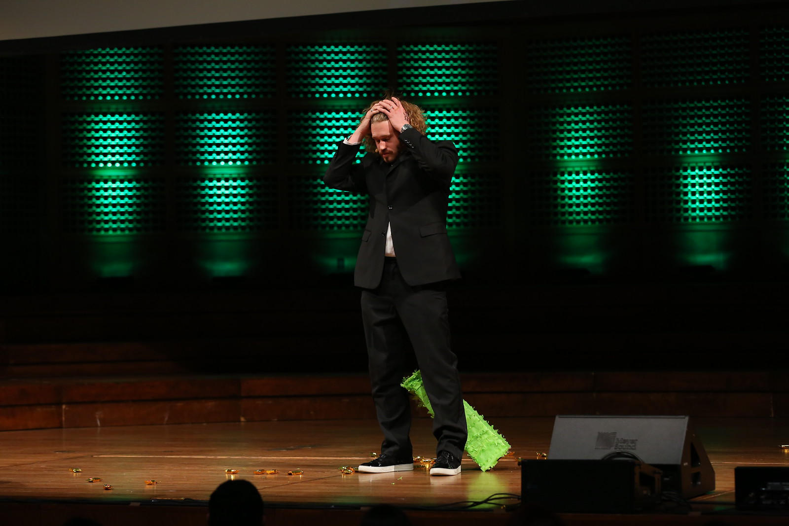 Emcee T.J. Miller, just after breaking the TechCrunch pinata over his head.