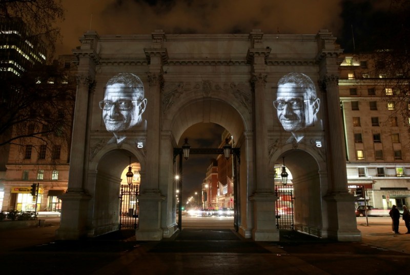 Divyesh Ruparelia, a London cabbie, is projected onto Marble Arch