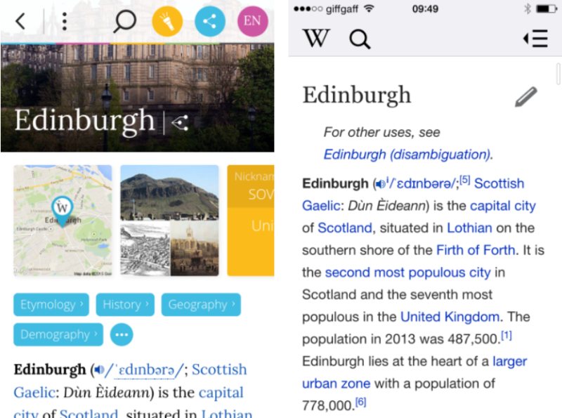 Wikiwand (Left) vs. Wikipedia