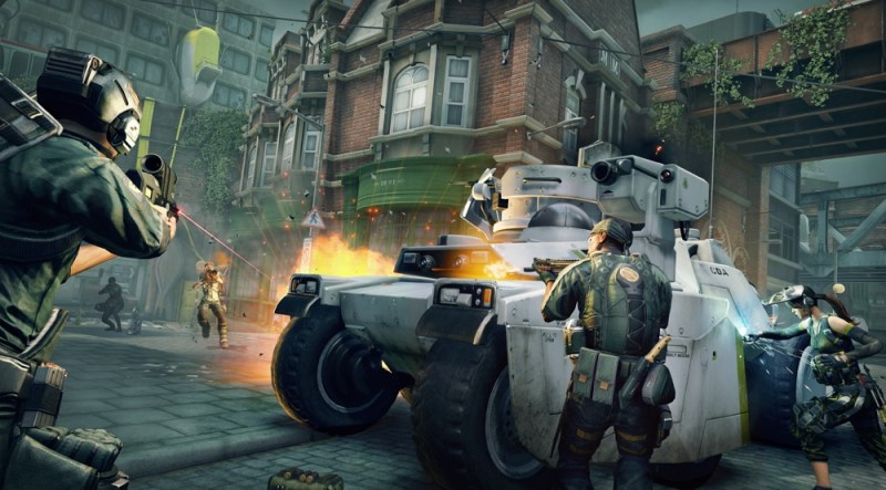Dirty Bomb's modes include protecting a rolling vehicle.