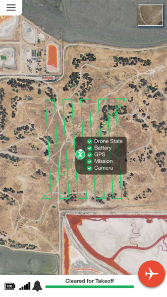 The app shows that the survey route is planned and the drone is ready to fly.