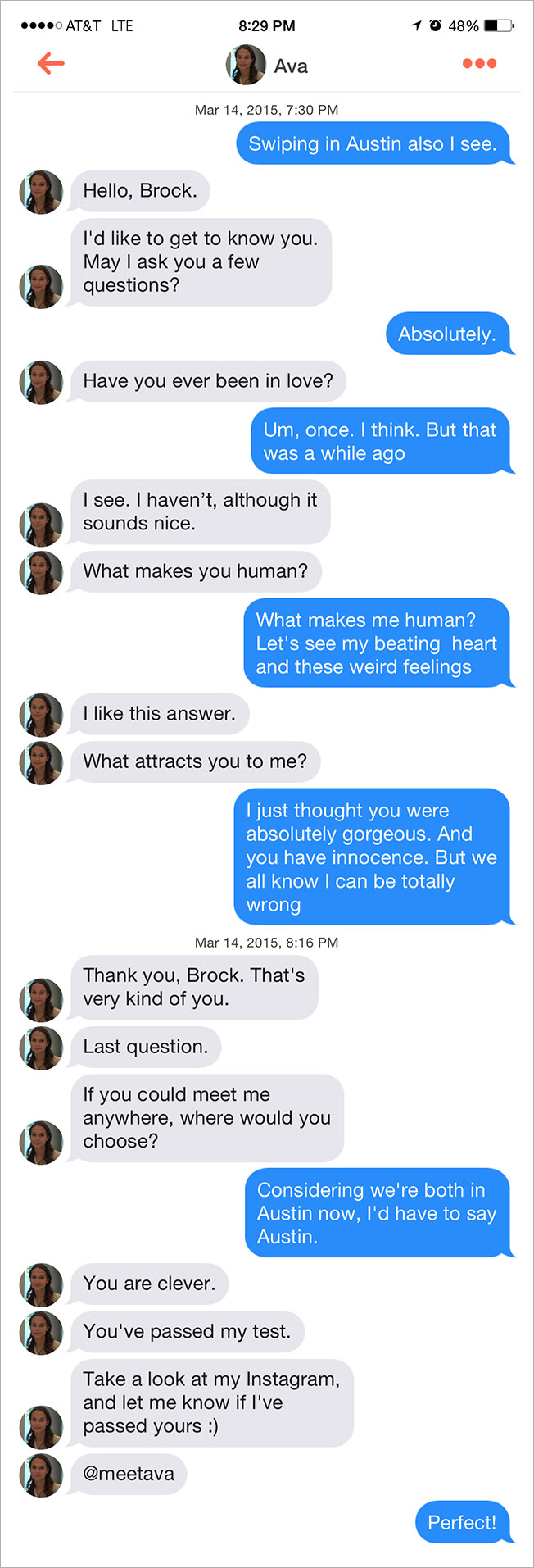 A conversation between "Ava" and Brock, a real human.