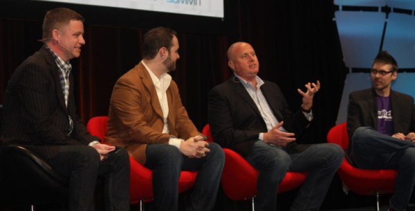 (From left to right) Jonathan Simpson-Bint sits with Bart Koenigsberg, John Smedley, and Marcus "djWheat" Graham during a livestreaming discussion as part of the GamesBeat's Game Marketing Summit.