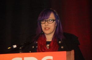 Zoe Quinn speaks about harassment at the Game Developers 2015 event. 