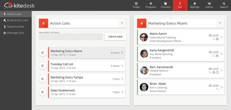 An Action List screen in KiteDesk.