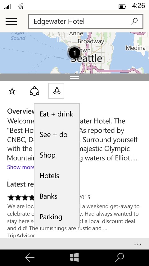 Look at all the stuff you can bring up from your hotel your phone in Maps on Windows 10.