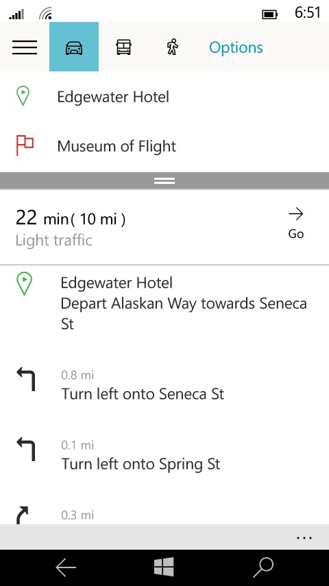 Voice-guided navigation in Maps for Windows 10 on the phone.
