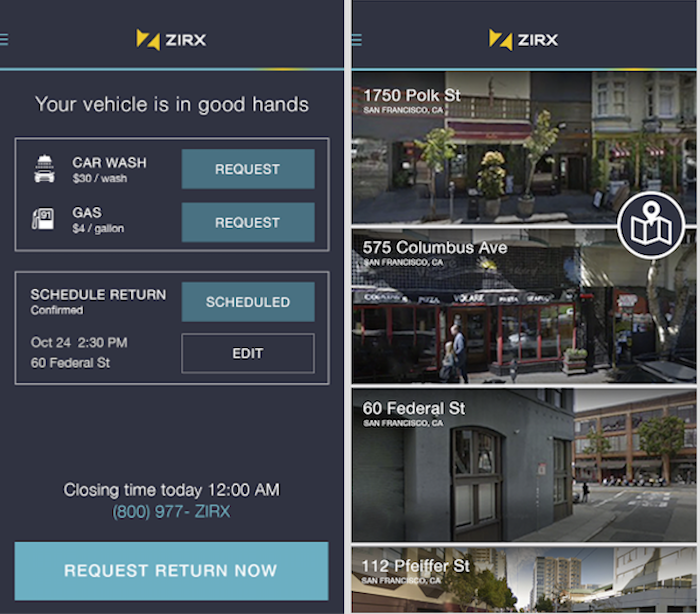 Zirx app screens, showing choices of added services or of garages