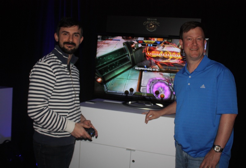 Davide Tabacco (left)  of Hibernum Creations and Mark Parrish of Kiz Studios, with their game Trans Galactic Tournament.
