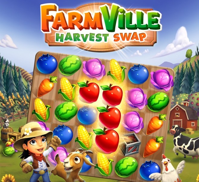 Zynga is launching FarmVille: Harvest Swap as a match 3 game.