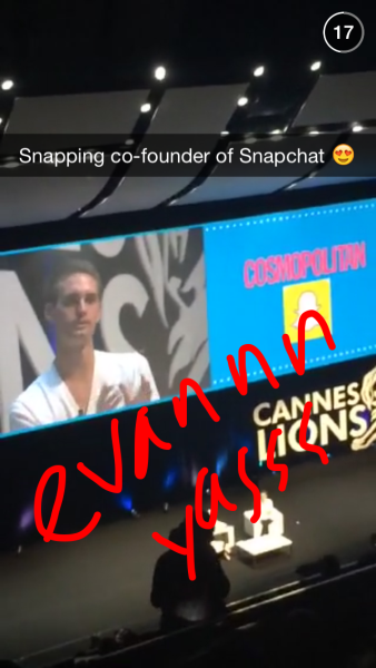 A snap of CEO Evan Siegel from a "Story" that's being curated on Snapchat for Cannes Lions. 