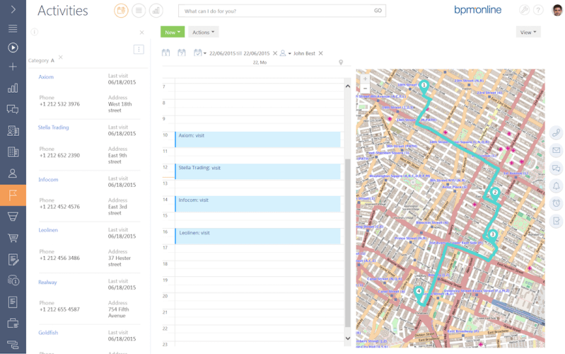 A screen in the newest version of BPM'Online, showing a sales rep's activities.