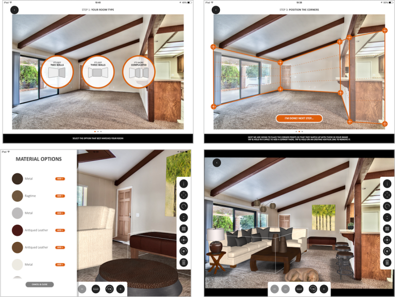 The Rooomy screens, showing the empty 2D room, turning it into 3D, fabric choices, and the final