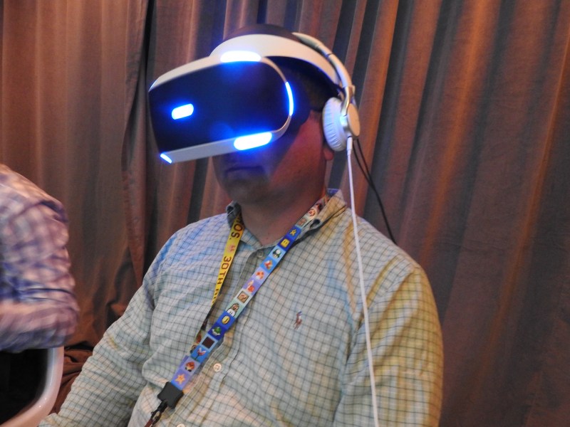 Dean Takahashi with the Sony Morpheus VR headset.
