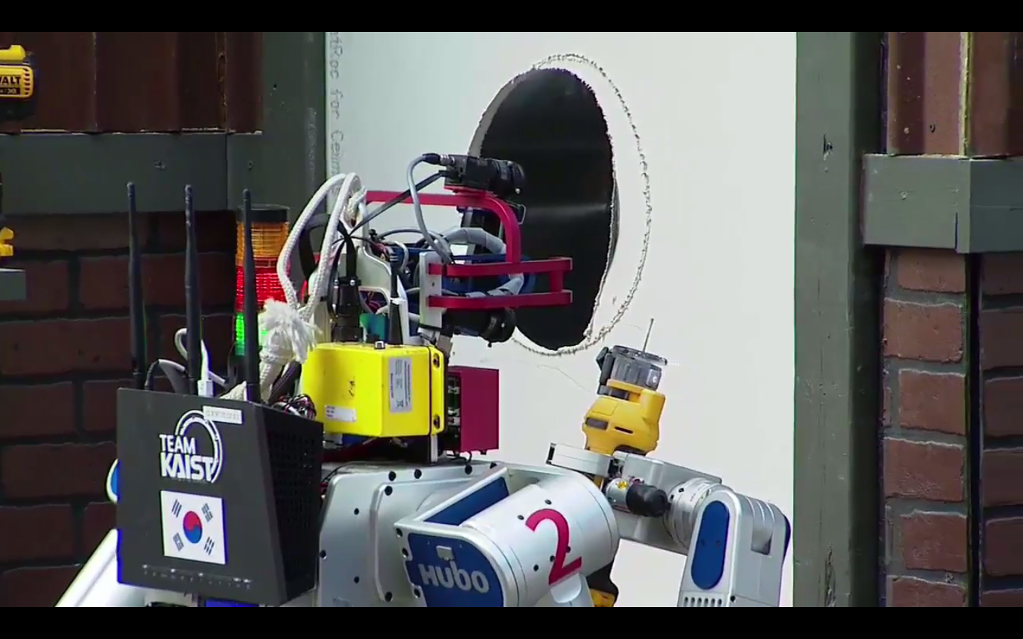 Team KAIST's HUBO robot failed to drill the whole way around the black circle on the wall at the 2015 DARPA Robotics Challenge in Pomona, Calif., on June 6.