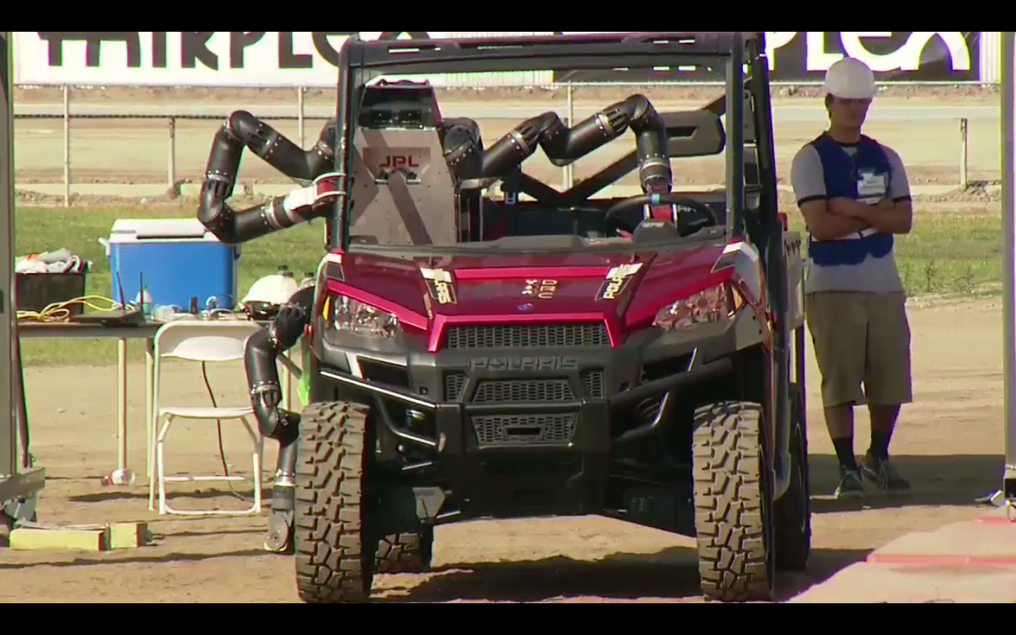 The RoboSimian robot from NASA's Jet Propulsion Laboratory drives at the 2015 DARPA Robotics Challenge in Pomona, Calif., on June 6.