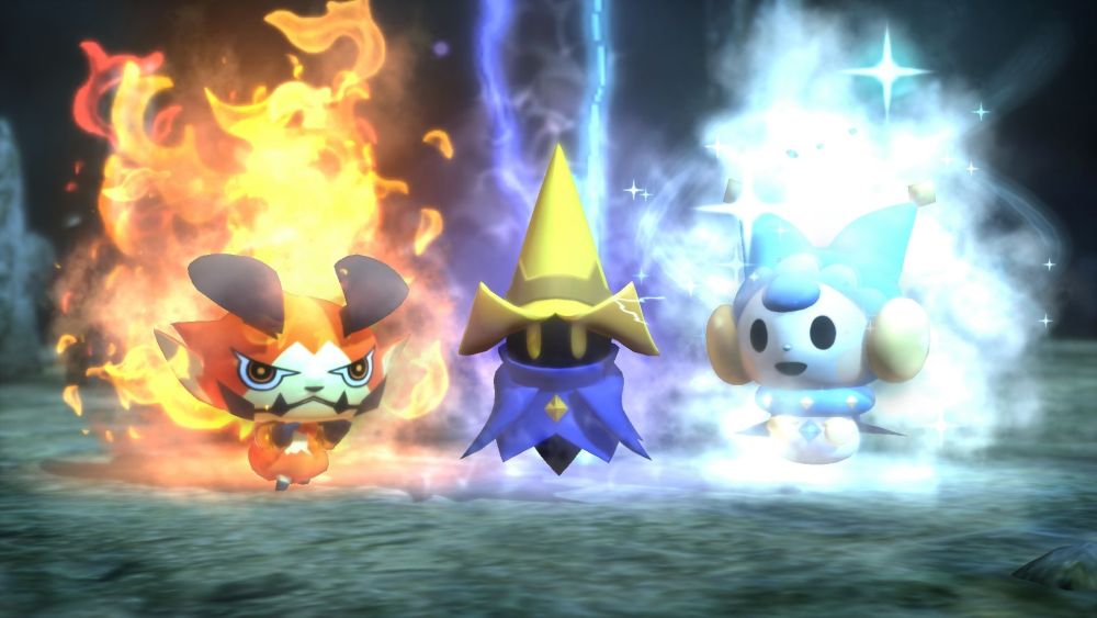 A mage and friends show off some of World of Final Fantasy's magic. 