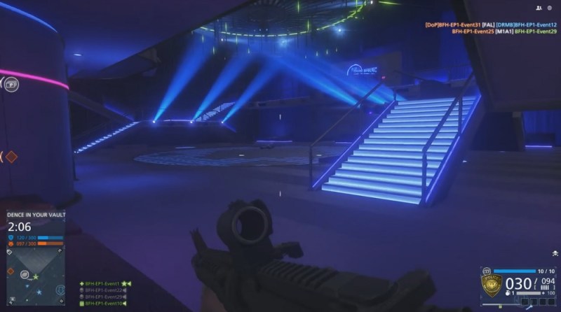 The blue disco lights of The Eclipse nightclub in the Code Blue map for Battlefield Hardline: Criminal Activity.