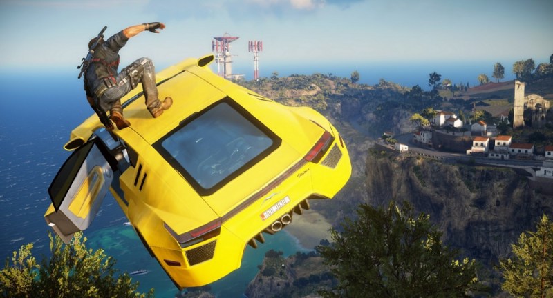 You can parachute from a car after you drive it off a cliff in Just Cause 3.