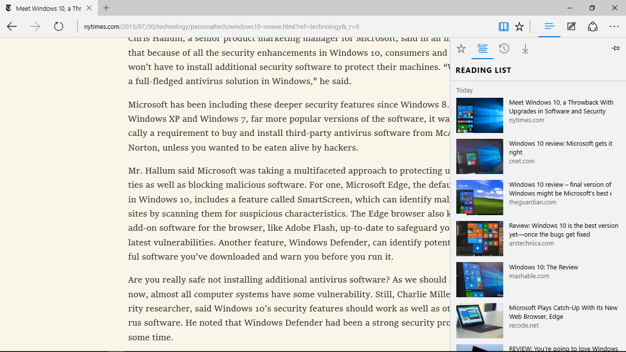 The Reading List in Microsoft Edge, at right.