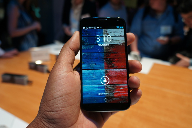 The Google-designed Moto X smartphone at the device's 2013 launch event.