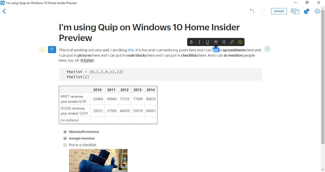Quip on desktop on Windows 10.