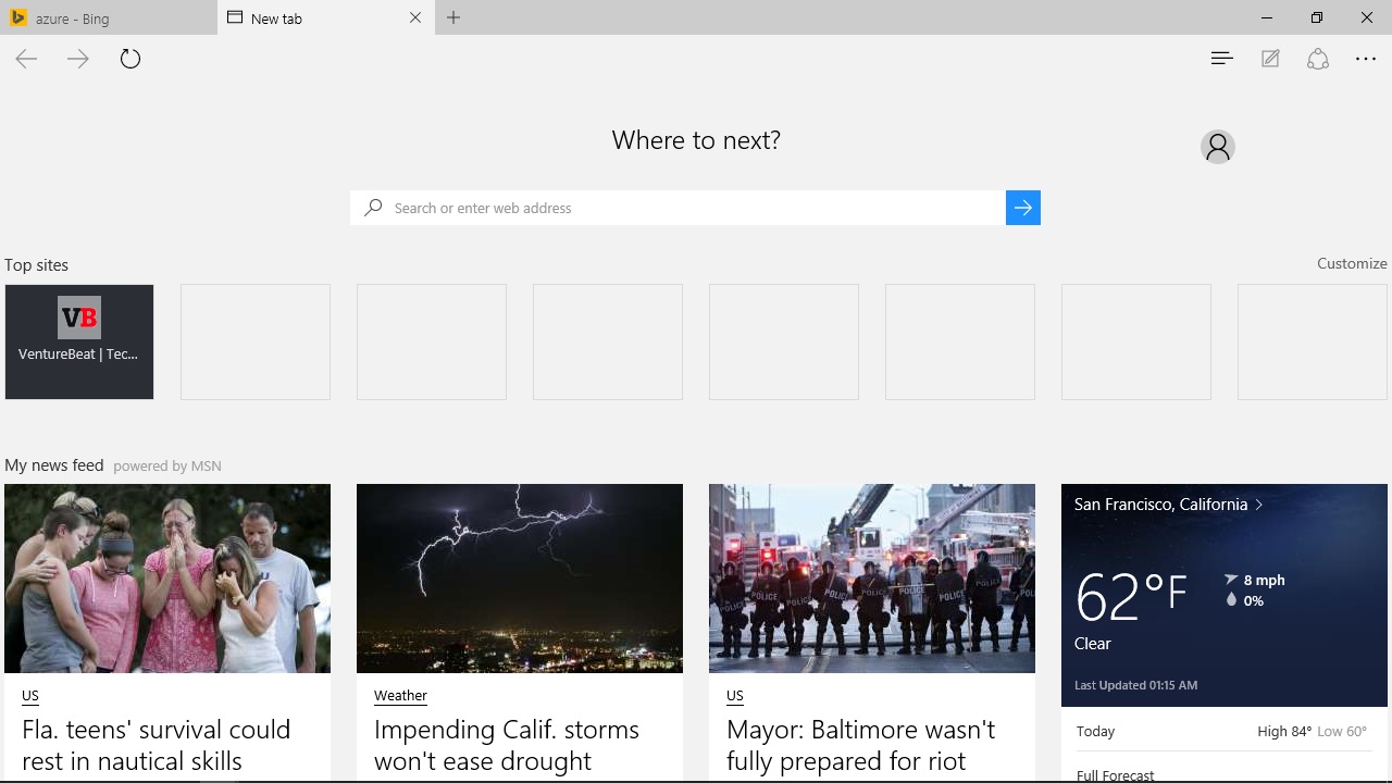 What you see when you open a new window or tab in the Microsoft Edge browser.