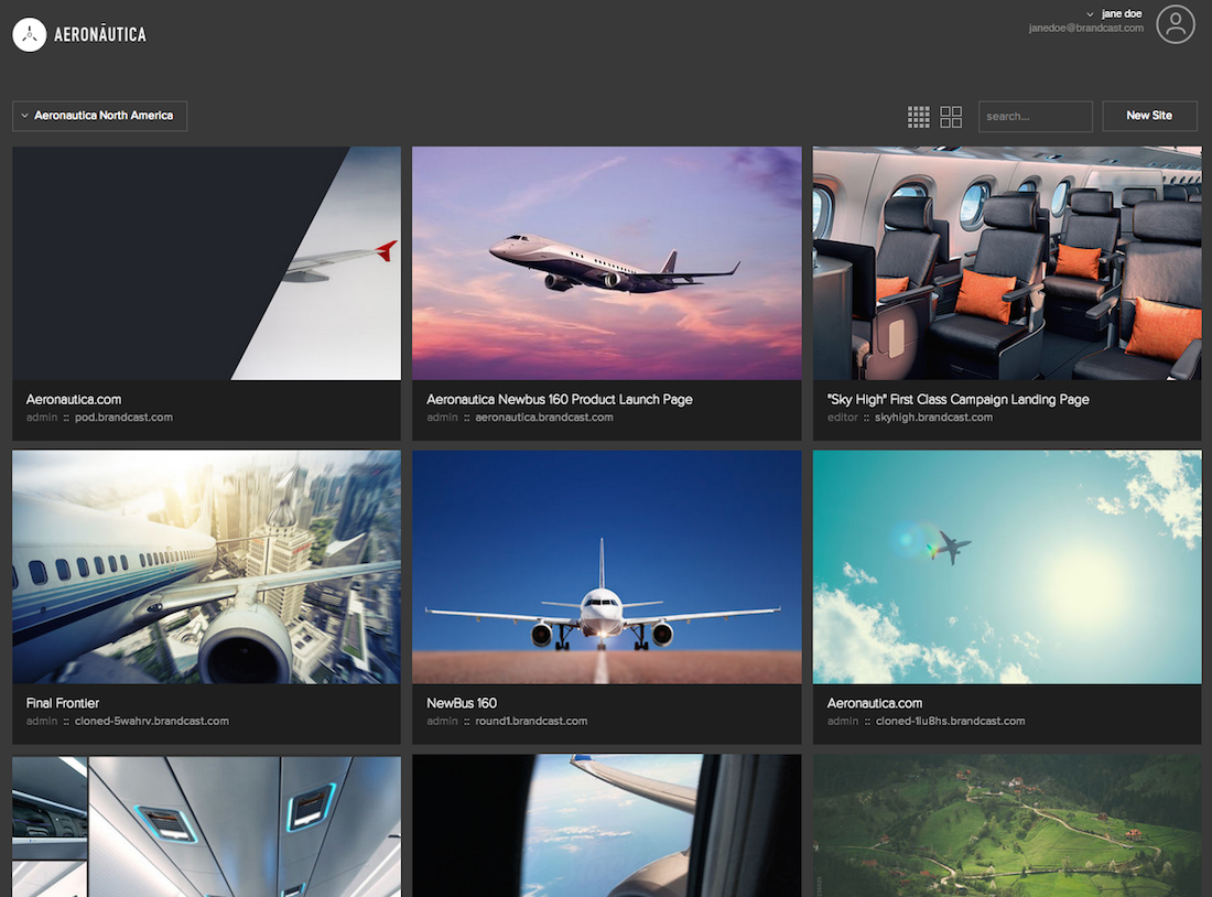 A Brandcast dashboard screen, where each image represents a different site or landing page for a fictional client, Aeronautica.