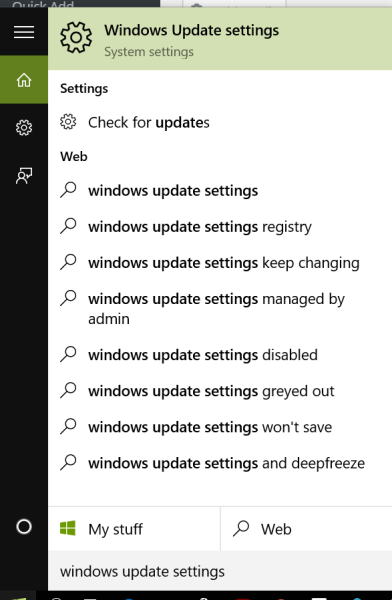 windows update settings start menu