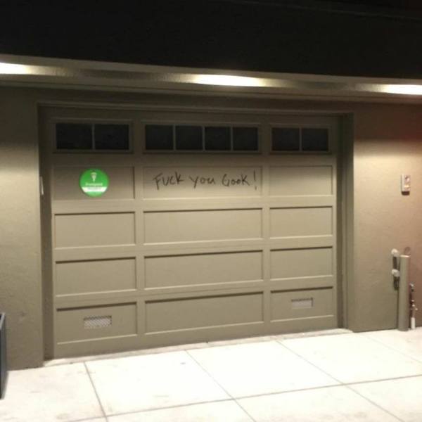 The racial slur left on the garage of Twitch.tv cofounder Justin Kan's home on August 15, 2015.