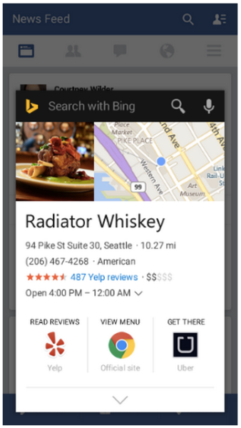 When the Bing Search app is installed on your Android device, you can now surface knowledge from Bing about whatever you're currently looking at, without leaving the app you're in.