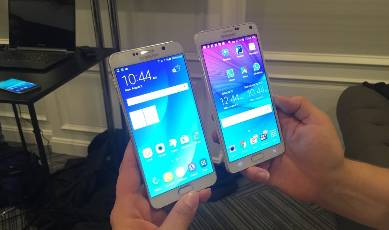 The smaller Samsung Galaxy Note 5 on the right, and the Galaxy Note 4 on the left.