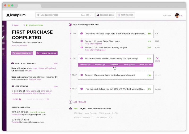 A screen from Leanplum's new User Lifecycle Engine.