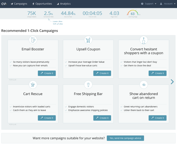 A menu of one-click campaigns in Commerce Sciences' updated platform.