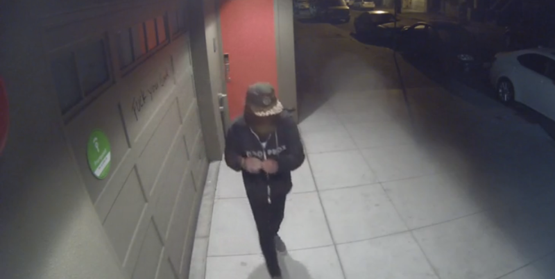 Screenshot of the person caught vandalizing the residence of Twitich.tv cofounder Justin Kan on the morning of August 15, 2015