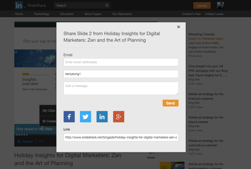 LinkedIn SlideShare clipping feature - sharing option