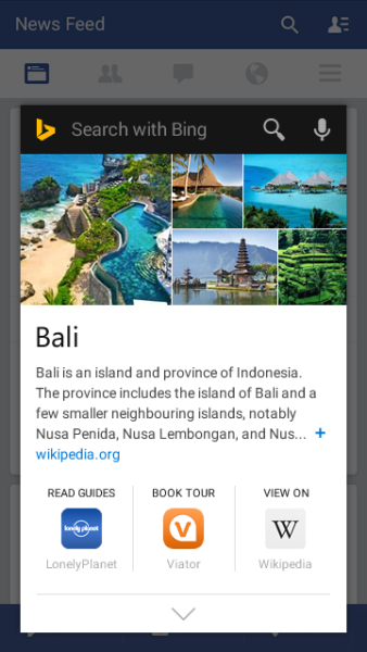 A card from the Bing app popping up within the Facebook app on Android.