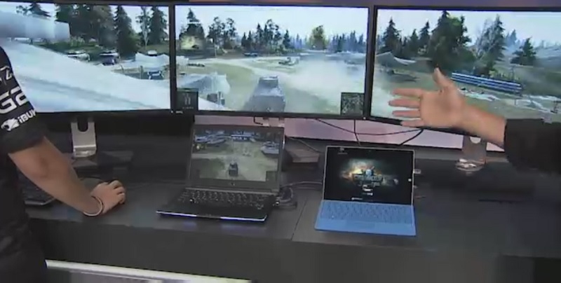 World of Tanks played on three 4K monitors driven by Intel's Skylake processor.