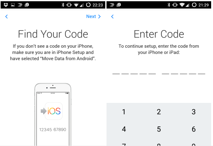 Move to iOS: Enter Code