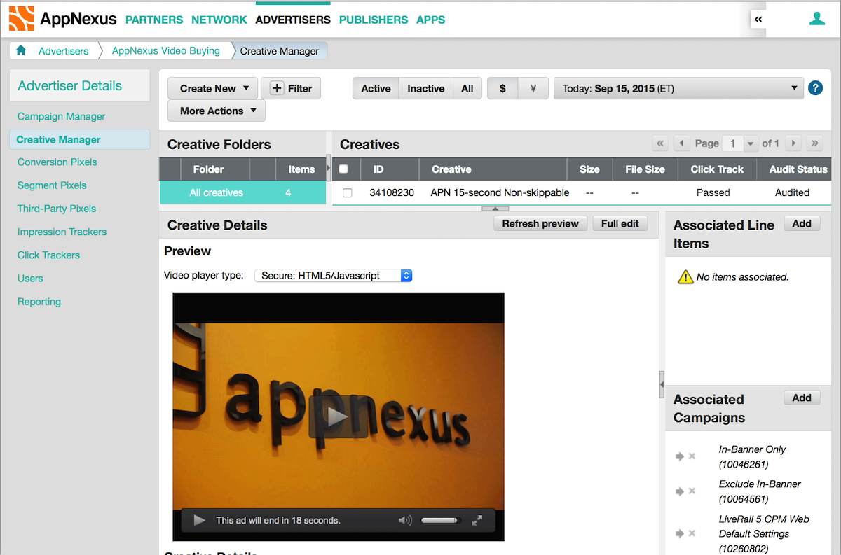 A screen in the AppNexus ad buying platform, showing the new video capability