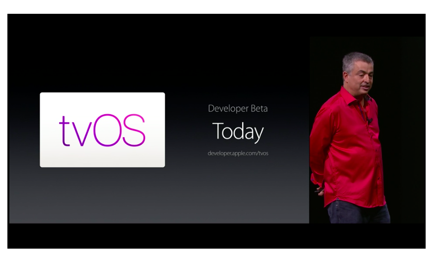 Apple's Eddy Cue announces the availability of tvOS for the new Apple TV at Apple's "Hey Siri" event in San Francisco on Sept. 9.