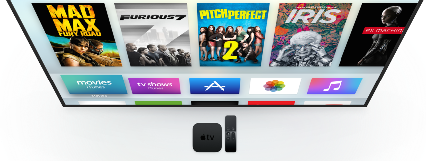 The new Apple TV, with set-top box and remote.