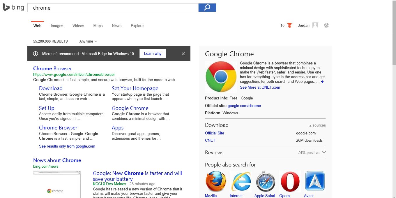 What I saw in Bing in the Edge browser the first time I searched for "chrome" on a new computer running Windows 10.