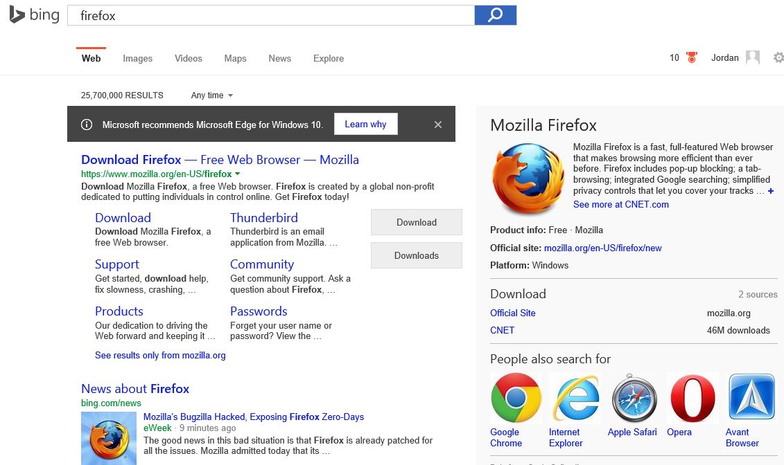 What I saw in Bing in the Edge browser the first time I searched for "firefox" on a new computer running Windows 10.